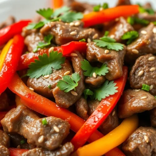 Asian beef stir fry with vibrant red and yellow peppers, tender beef strips, aromatic ginger garlic, garnished with sesame se