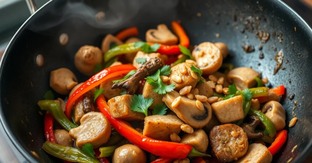 Asian pork stir fry dish with vibrant bell peppers, mushrooms, ginger and garlic in a wok, garnished with fresh cilantro and