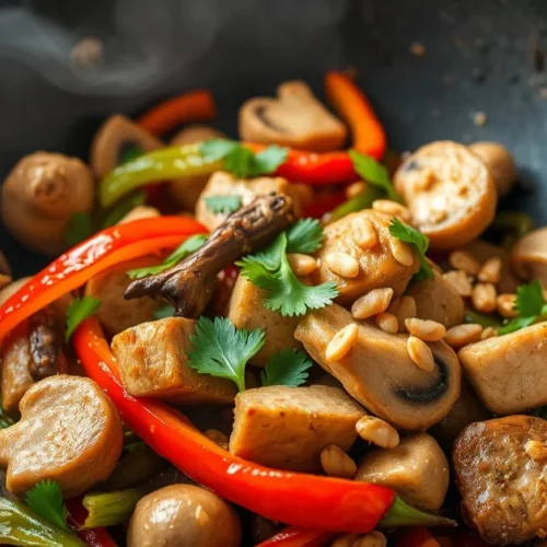 Asian pork stir fry dish with vibrant bell peppers, mushrooms, ginger and garlic in a wok, garnished with fresh cilantro and