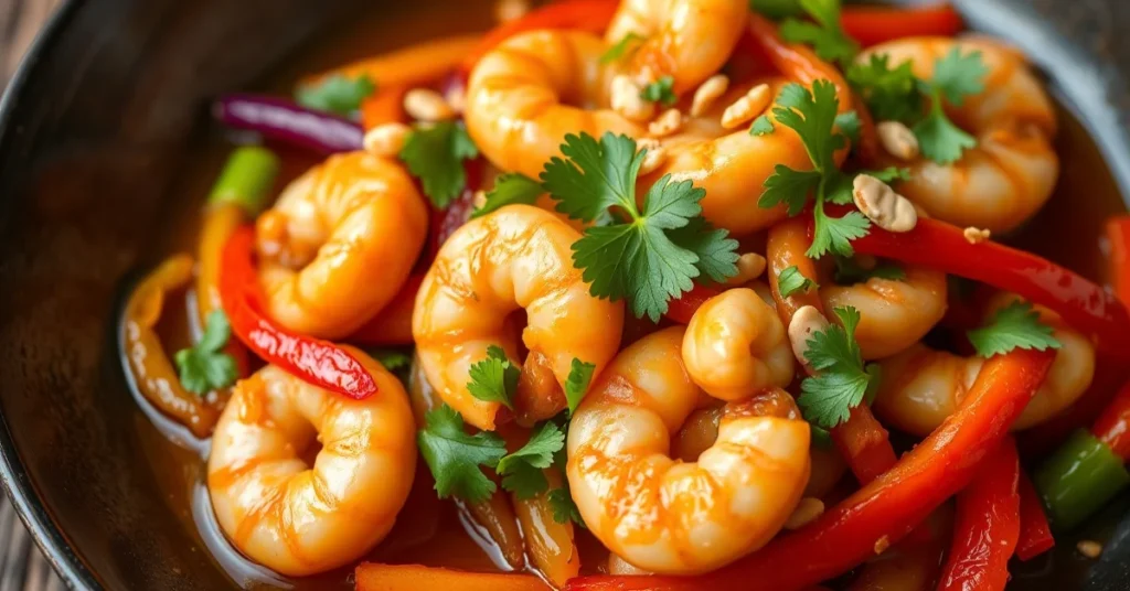 Asian shrimp stir-fry with colorful bell peppers, fresh cilantro, crushed peanuts, vibrant sauce, appetizing food photography