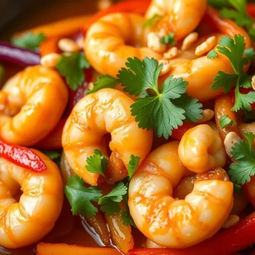 Asian shrimp stir-fry with colorful bell peppers, fresh cilantro, crushed peanuts, vibrant sauce, appetizing food photography