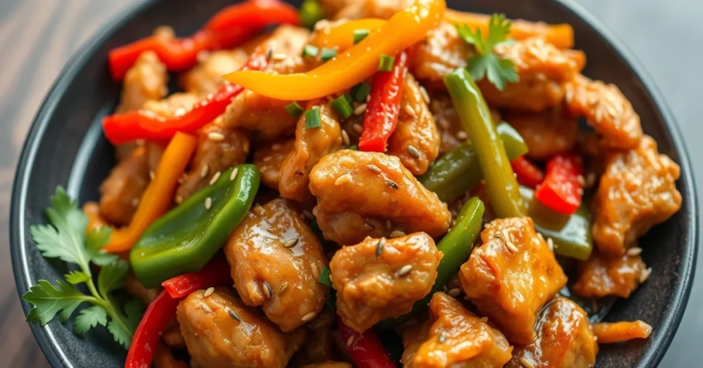 Asian stir-fried chicken with colorful bell peppers, sesame seeds, vibrant garnish, appetizing professional food photography,