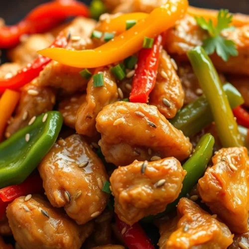 Asian stir-fried chicken with colorful bell peppers, sesame seeds, vibrant garnish, appetizing professional food photography,