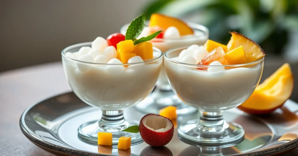 Asian tapioca pearl dessert with fresh mango, lychee, and coconut milk in elegant glass bowls, tropical fruit garnish, soft n