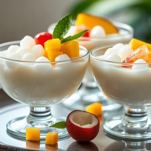 Asian tapioca pearl dessert with fresh mango, lychee, and coconut milk in elegant glass bowls, tropical fruit garnish, soft n