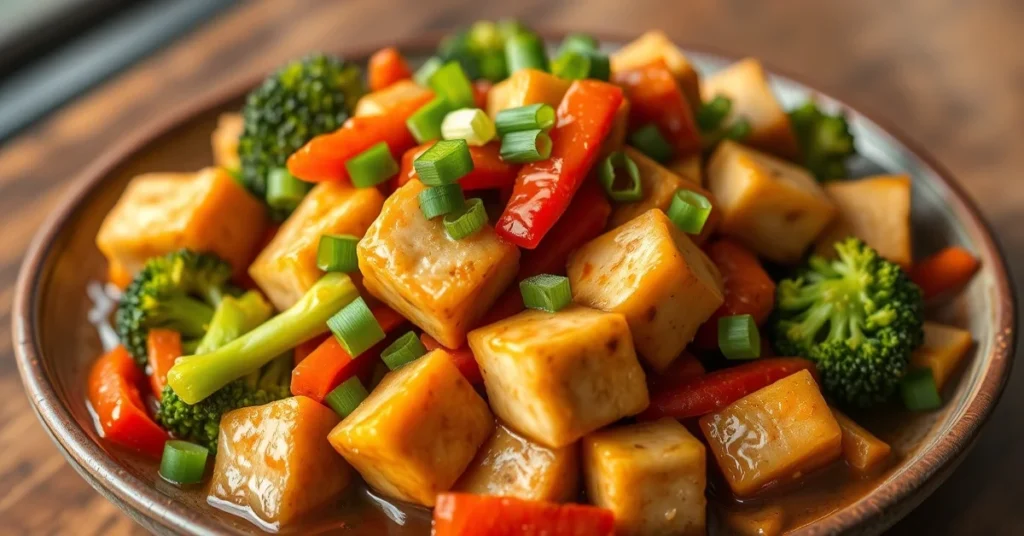 Asian tofu stir-fry with broccoli, carrots, red bell pepper in savory brown sauce, garnished with green onions, professional