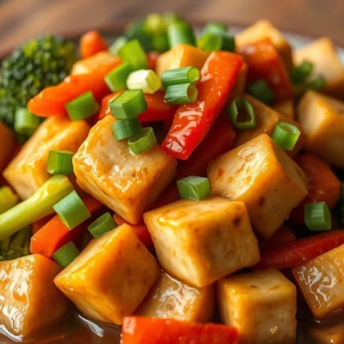 Asian tofu stir-fry with broccoli, carrots, red bell pepper in savory brown sauce, garnished with green onions, professional