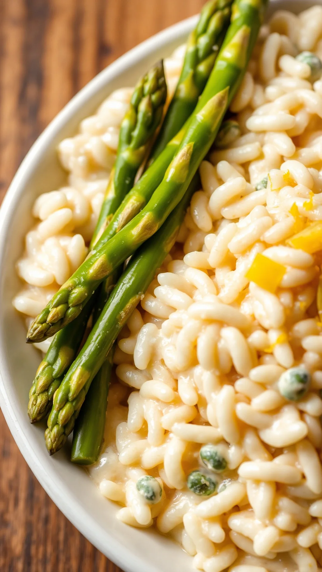 Asparagus risotto with lemon cream, vibrant green asparagus tips, white creamy rice, fresh lemon zest garnish, bright lightin
