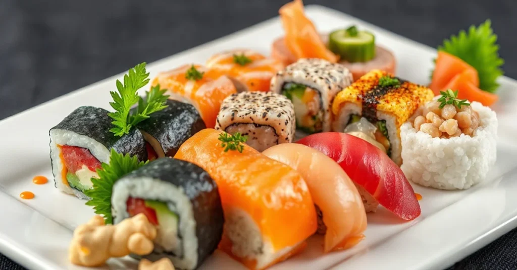 Assorted fresh homemade sushi rolls beautifully plated on white ceramic dish, colorful sashimi slices, ginger garnish, Japane