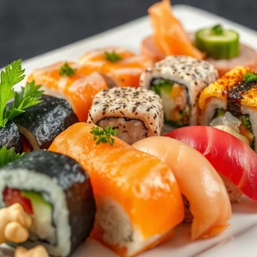 Assorted fresh homemade sushi rolls beautifully plated on white ceramic dish, colorful sashimi slices, ginger garnish, Japane