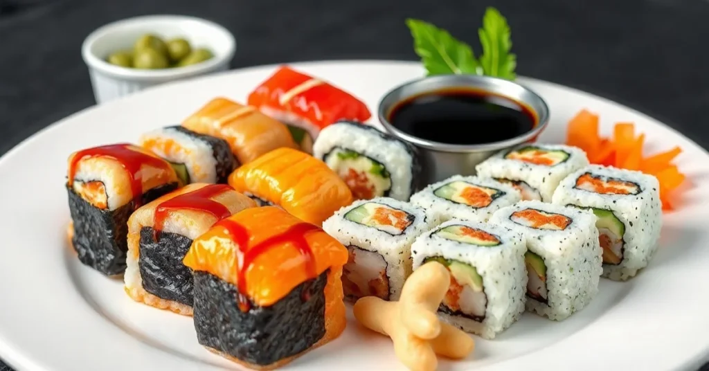 Assorted homemade maki sushi rolls beautifully arranged on white plate with soy sauce, wasabi, and pickled ginger garnish, pr