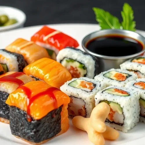 Assorted homemade maki sushi rolls beautifully arranged on white plate with soy sauce, wasabi, and pickled ginger garnish, pr