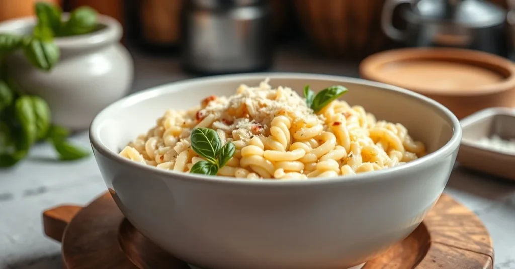 Authentic creamy Italian risotto in white ceramic bowl, garnished with fresh basil and Parmesan cheese, soft golden lighting,