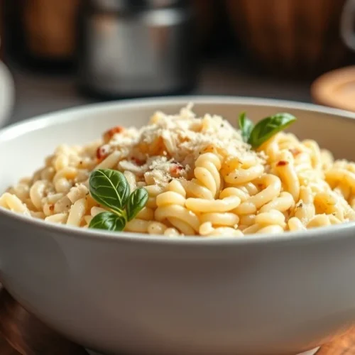 Authentic creamy Italian risotto in white ceramic bowl, garnished with fresh basil and Parmesan cheese, soft golden lighting,
