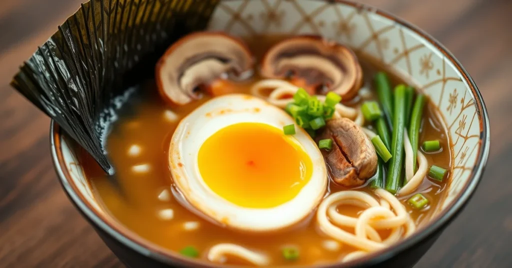 Authentic Japanese ramen bowl with steaming broth, curly noodles, soft-boiled egg, shiitake mushrooms, fresh bean sprouts, gr