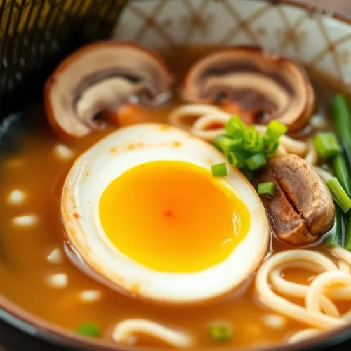 Authentic Japanese ramen bowl with steaming broth, curly noodles, soft-boiled egg, shiitake mushrooms, fresh bean sprouts, gr