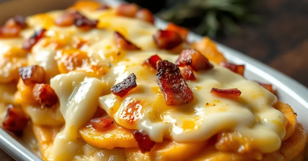 Authentic tartiflette gratinée with melted reblochon cheese, crispy bacon pieces, creamy potato layers, steaming hot landsca