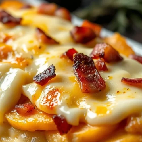 Authentic tartiflette gratinée with melted reblochon cheese, crispy bacon pieces, creamy potato layers, steaming hot landsca