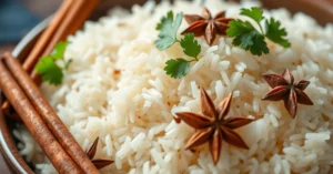 Beautiful aromatic Asian jasmine rice with cinnamon sticks, cardamom, and star anise, garnished with fresh cilantro, professi