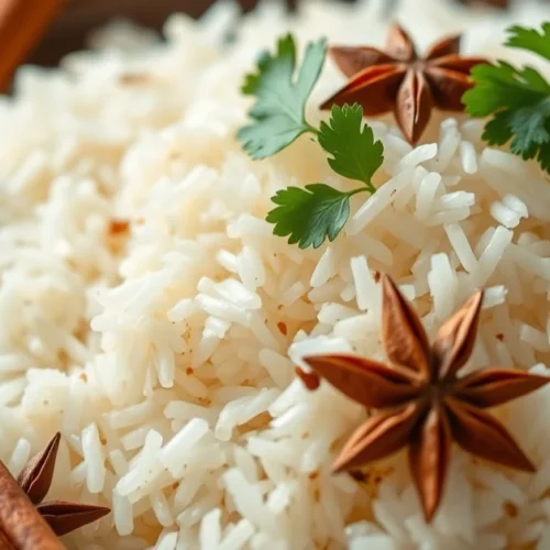 Beautiful aromatic Asian jasmine rice with cinnamon sticks, cardamom, and star anise, garnished with fresh cilantro, professi