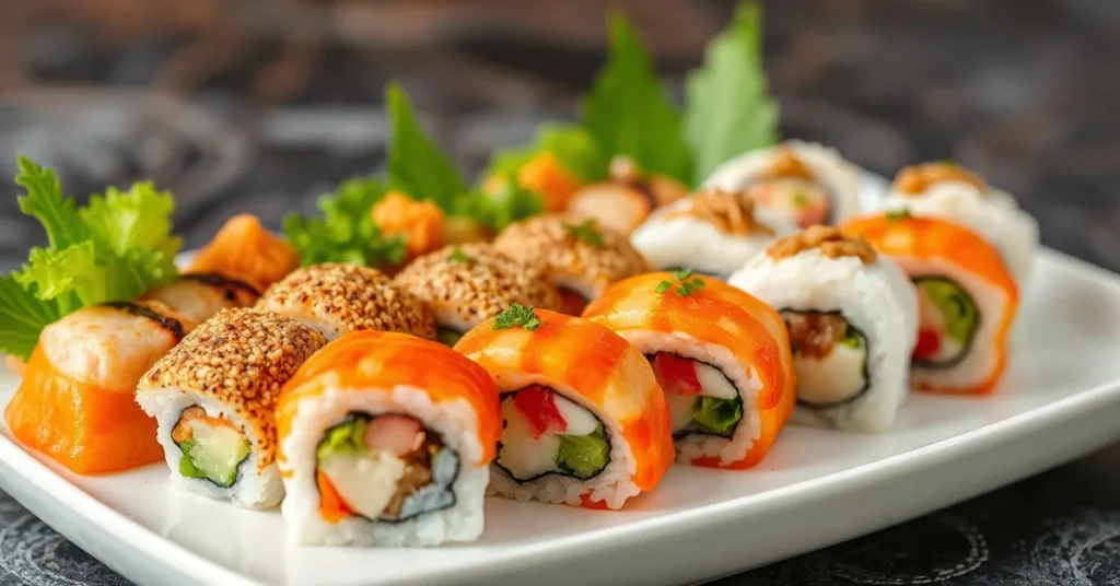 Beautiful array of freshly made sushi rolls arranged on white ceramic plate, vibrant colors, professional food photography, n
