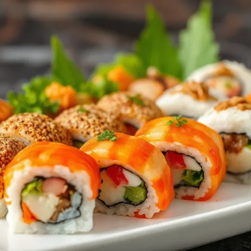 Beautiful array of freshly made sushi rolls arranged on white ceramic plate, vibrant colors, professional food photography, n