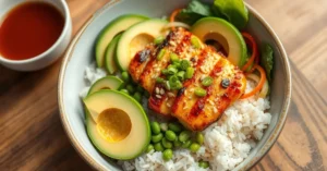 Beautiful Asian rice bowl with grilled chicken, fresh edamame, sliced avocado, pickled vegetables, sesame seeds, Asian sauce,