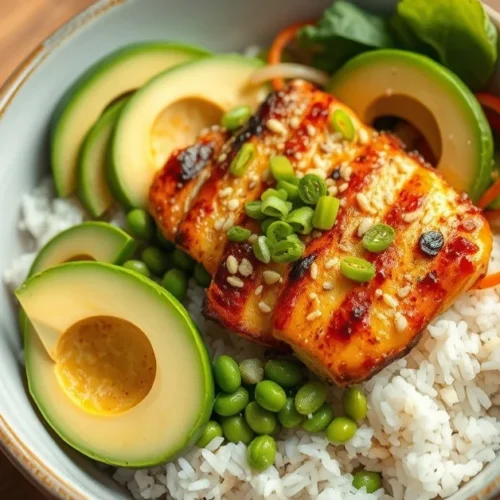 Beautiful Asian rice bowl with grilled chicken, fresh edamame, sliced avocado, pickled vegetables, sesame seeds, Asian sauce,