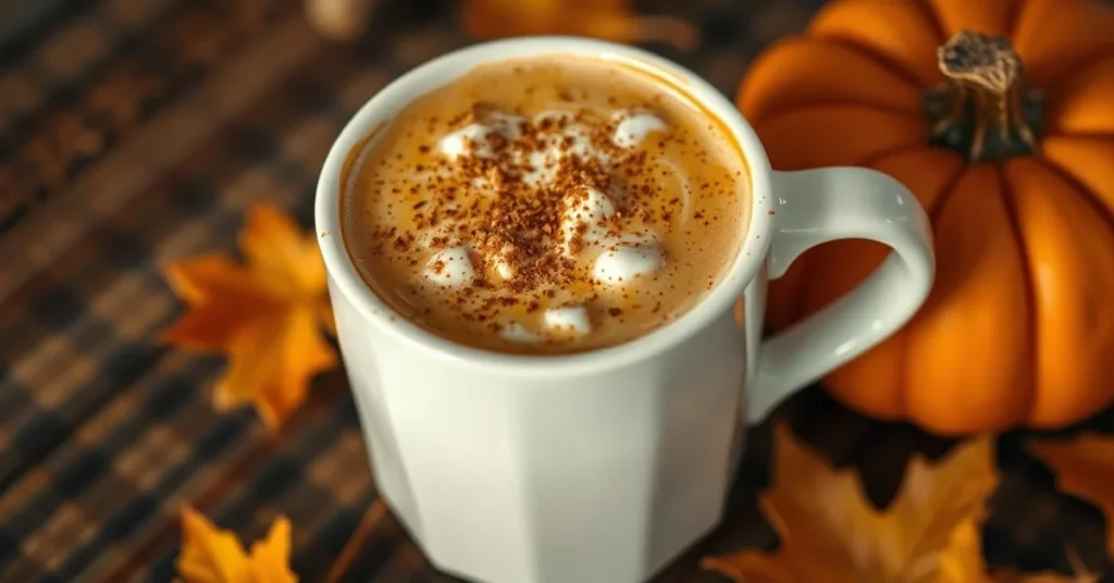 Beautiful autumn Pumpkin Spice Latte in white mug, cinnamon sprinkle on top, warm cozy lighting, pumpkin and fall leaves besi