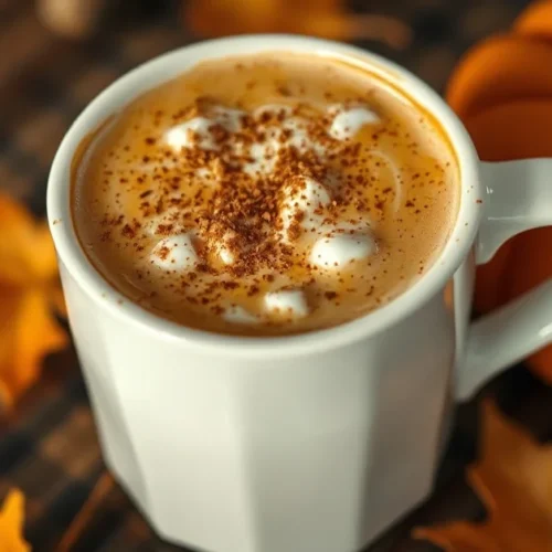 Beautiful autumn Pumpkin Spice Latte in white mug, cinnamon sprinkle on top, warm cozy lighting, pumpkin and fall leaves besi