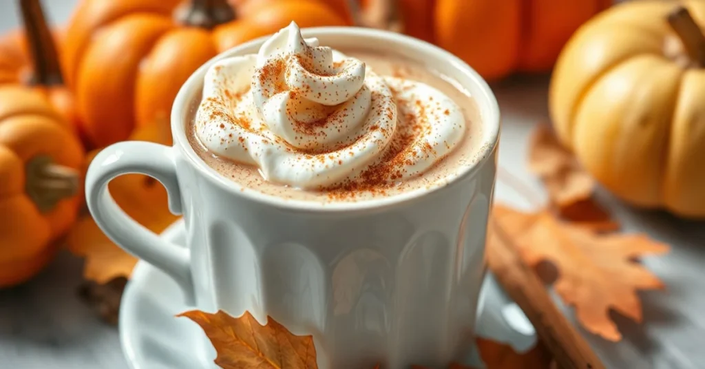 Beautiful autumn Pumpkin Spice Latte without coffee in elegant ceramic mug, topped with whipped cream and cinnamon, surrounde