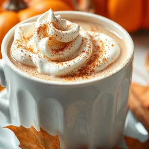 Beautiful autumn Pumpkin Spice Latte without coffee in elegant ceramic mug, topped with whipped cream and cinnamon, surrounde