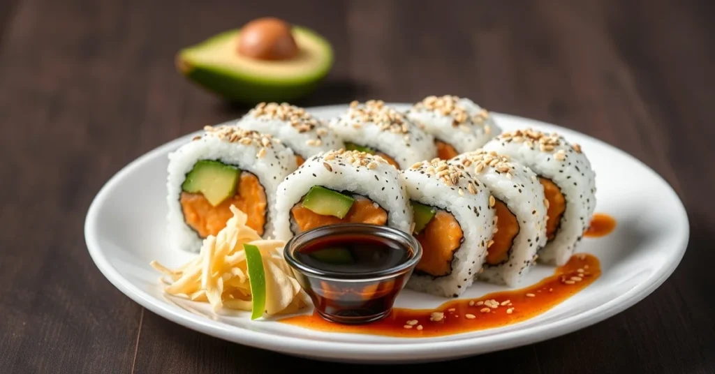 Beautiful California sushi rolls arranged on a white plate with sesame seeds, fresh avocado slices, garnished with ginger and
