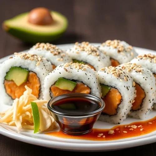 Beautiful California sushi rolls arranged on a white plate with sesame seeds, fresh avocado slices, garnished with ginger and