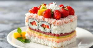 Beautiful colorful sushi cake with layers of sweetened rice, cream cheese, fresh strawberries, kiwi, mango, decorated with co