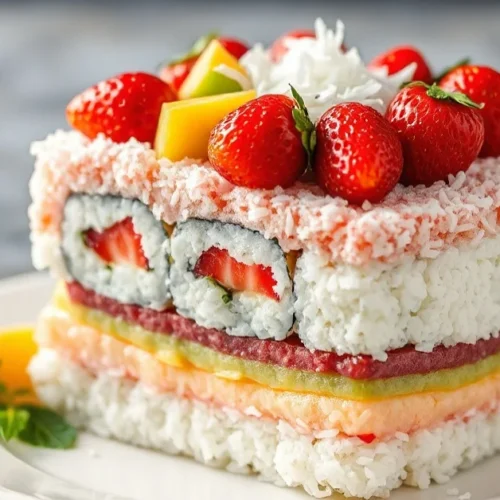 Beautiful colorful sushi cake with layers of sweetened rice, cream cheese, fresh strawberries, kiwi, mango, decorated with co