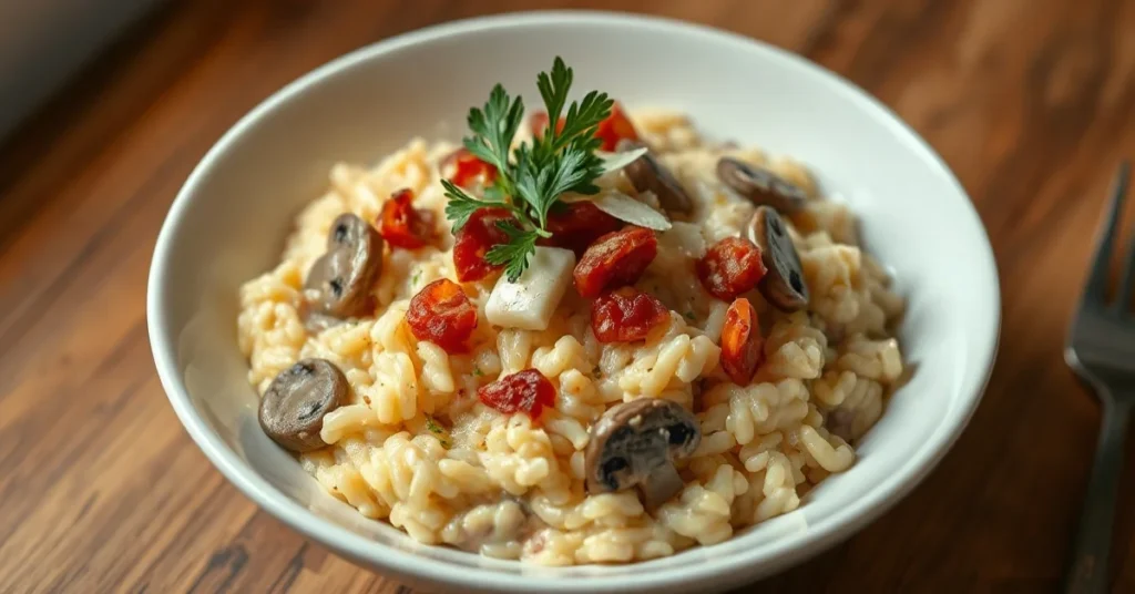 Beautiful creamy mushroom and bacon risotto in a white bowl, garnished with fresh parsley and parmesan shavings, professional