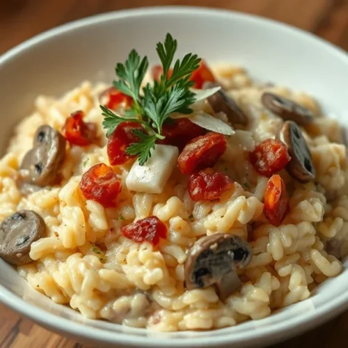 Beautiful creamy mushroom and bacon risotto in a white bowl, garnished with fresh parsley and parmesan shavings, professional