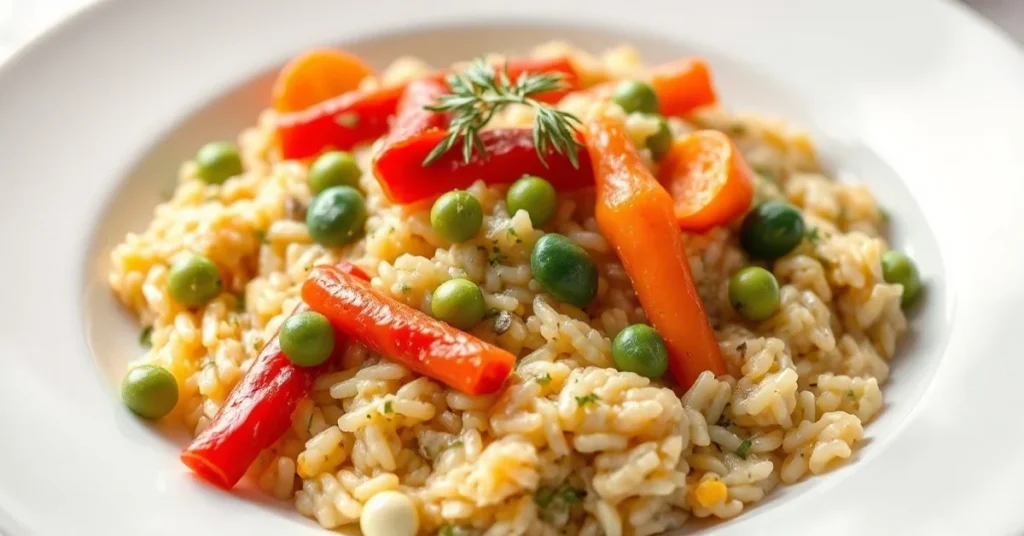 Beautiful creamy risotto with colorful vegetables, vibrant red peppers, green peas, orange carrots, zucchini on white plate,