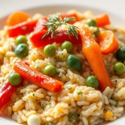 Beautiful creamy risotto with colorful vegetables, vibrant red peppers, green peas, orange carrots, zucchini on white plate,