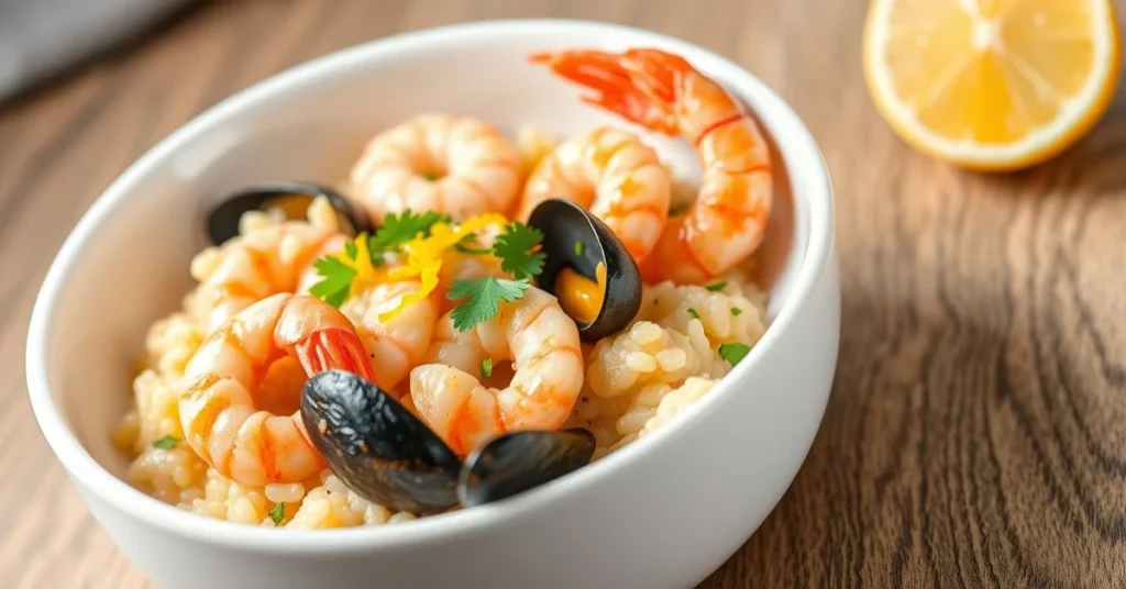 Beautiful creamy seafood risotto with shrimp, scallops mussels in white bowl, garnished with fresh parsley and lemon zest, pr