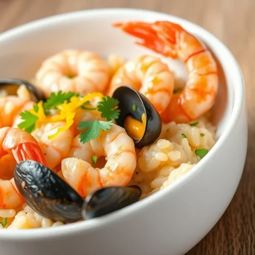 Beautiful creamy seafood risotto with shrimp, scallops mussels in white bowl, garnished with fresh parsley and lemon zest, pr