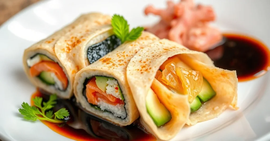 Beautiful crepe sushi fusion dish close-up, thinly rolled crepe with fresh salmon, avocado, cucumber, nori seaweed, served ar