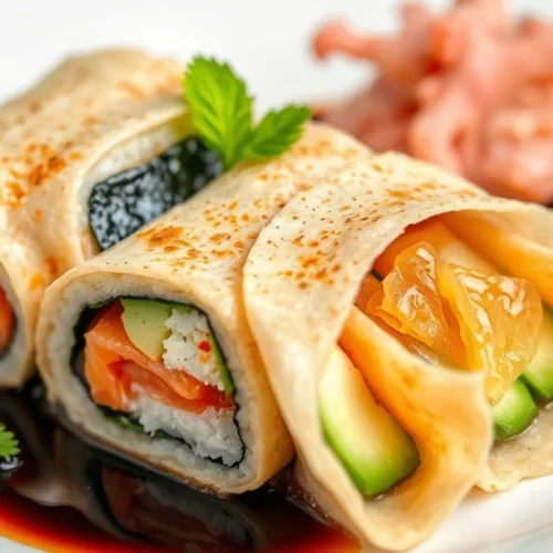 Beautiful crepe sushi fusion dish close-up, thinly rolled crepe with fresh salmon, avocado, cucumber, nori seaweed, served ar