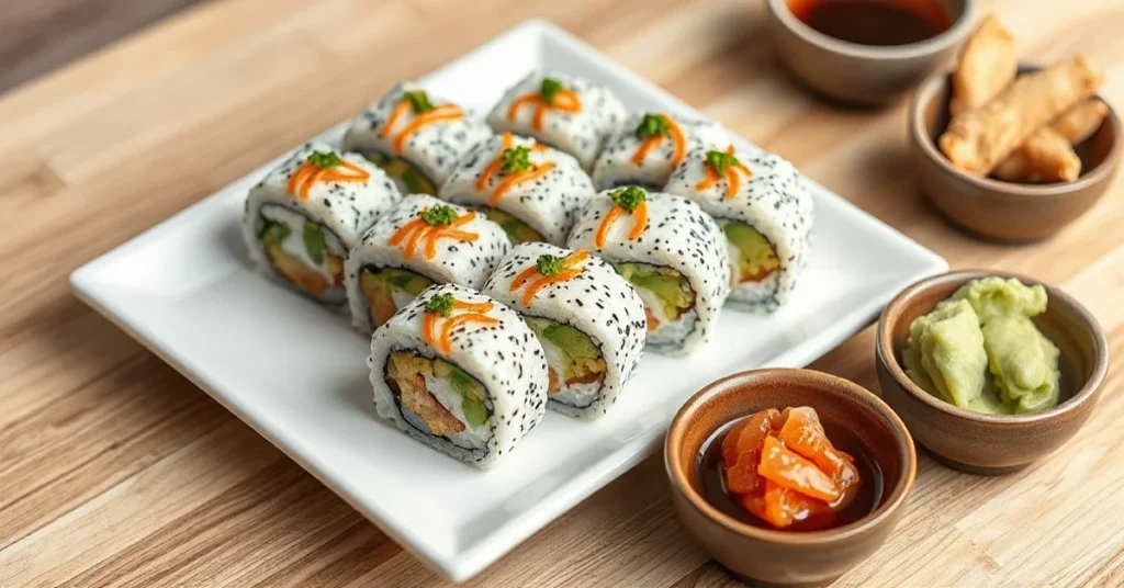 Beautiful fresh sushi rolls artfully arranged on a white ceramic plate with wasabi, pickled ginger and soy sauce in small bow