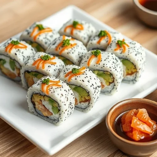 Beautiful fresh sushi rolls artfully arranged on a white ceramic plate with wasabi, pickled ginger and soy sauce in small bow