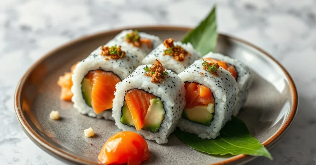 Beautiful fresh sushi rolls with salmon and avocado, perfectly plated on ceramic plate with wasabi and ginger, professional f