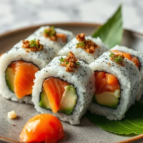 Beautiful fresh sushi rolls with salmon and avocado, perfectly plated on ceramic plate with wasabi and ginger, professional f
