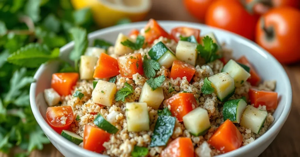 Beautiful fresh tabbouleh salad with bulgur, fresh parsley, mint, diced tomatoes and cucumber, dressed with lemon and olive o