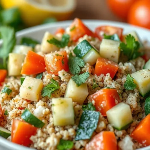 Beautiful fresh tabbouleh salad with bulgur, fresh parsley, mint, diced tomatoes and cucumber, dressed with lemon and olive o